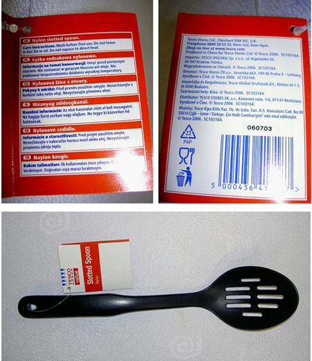 Stanovení nebezpečného výrobku - Nylonová lžíce s otvory TESCO value Slotted Spoon Nylon, šarže 060703